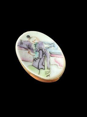 Chinese Hand Painted Porcelain Shard Pendant Gold Over Sterling Two Sided